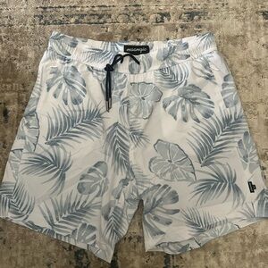 Msangio White and Gray Leaf Print Swim Trunks